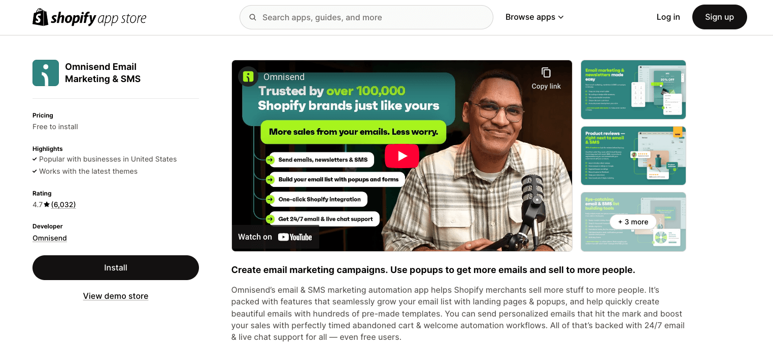 Omnisend app page on Shopify App Store