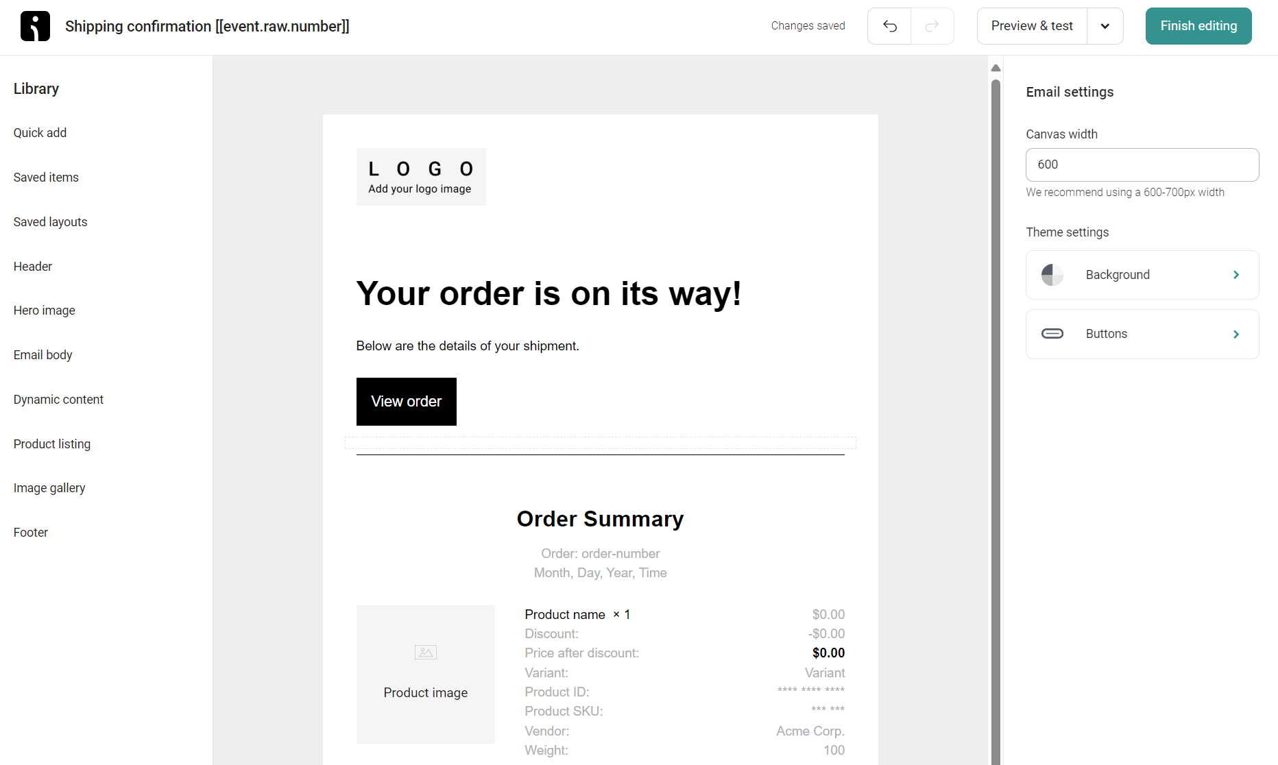 Default shipping confirmation email in email builder