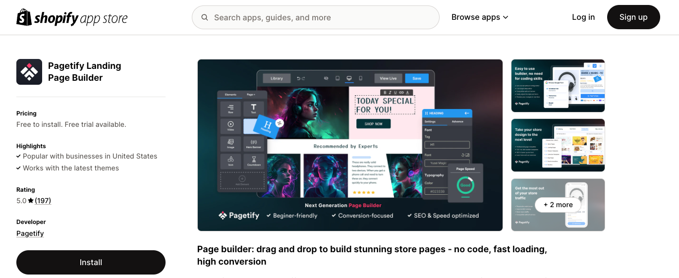 Pagetify app page on Shopify