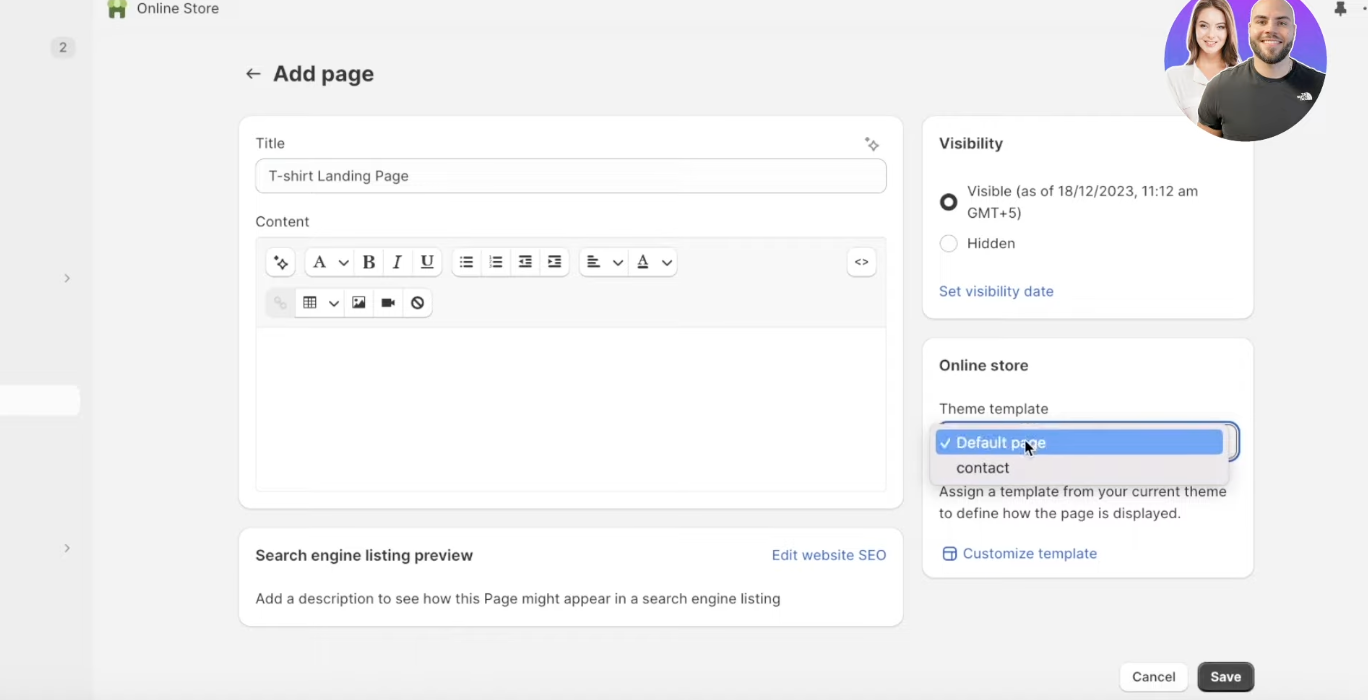 Setting page as a default on Shopify