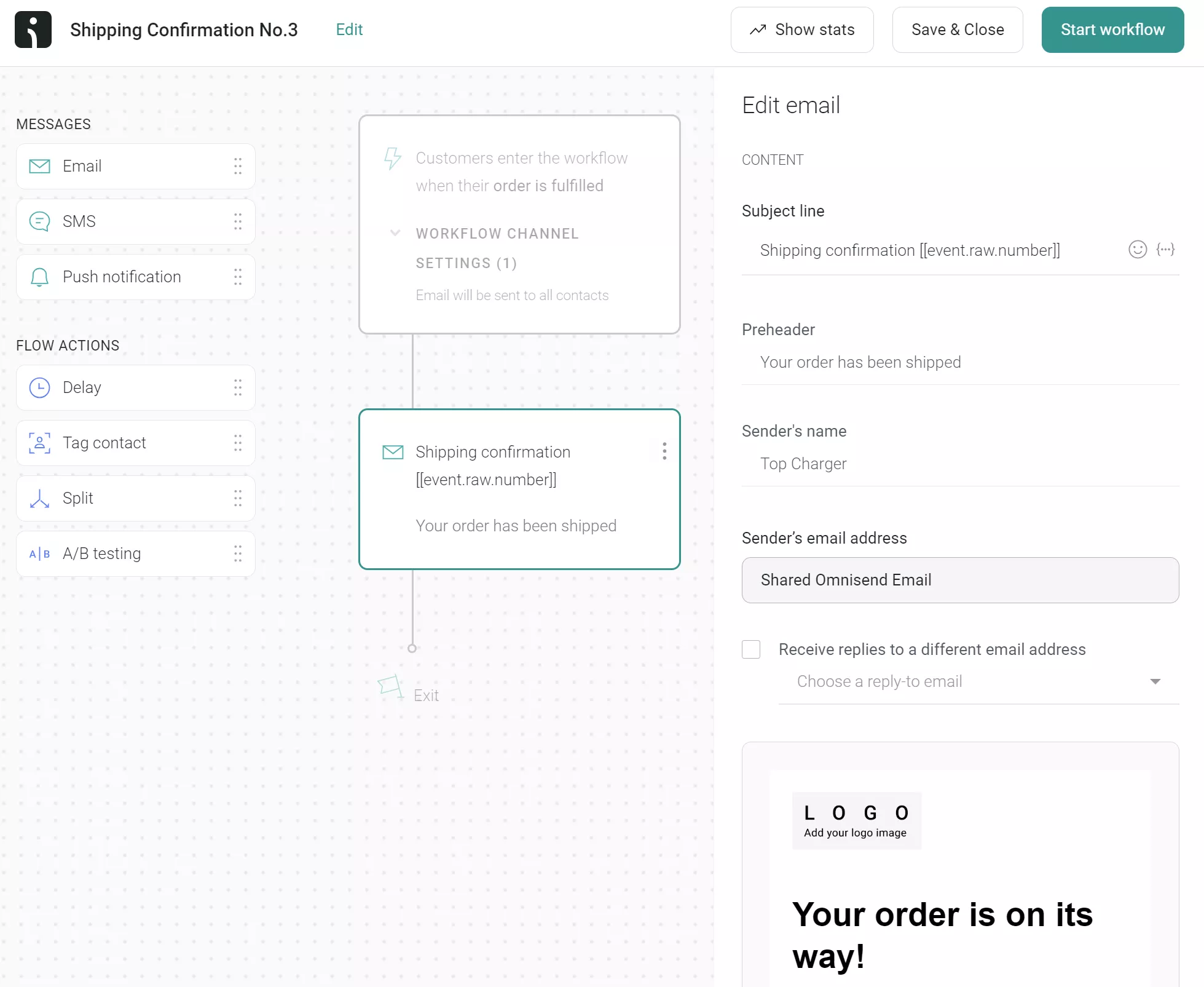 Shipping confirmation workflow in Omnisend