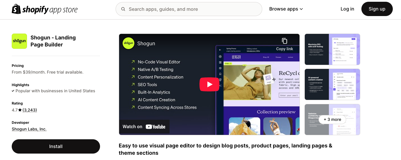 Shogun app page on Shopify