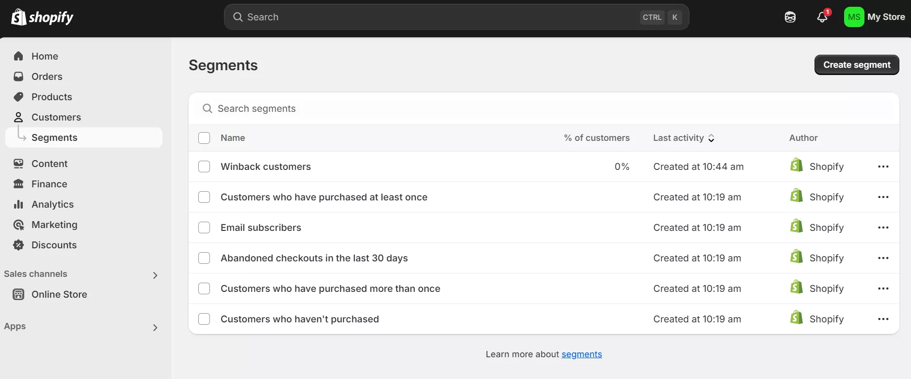Shopify Email segments