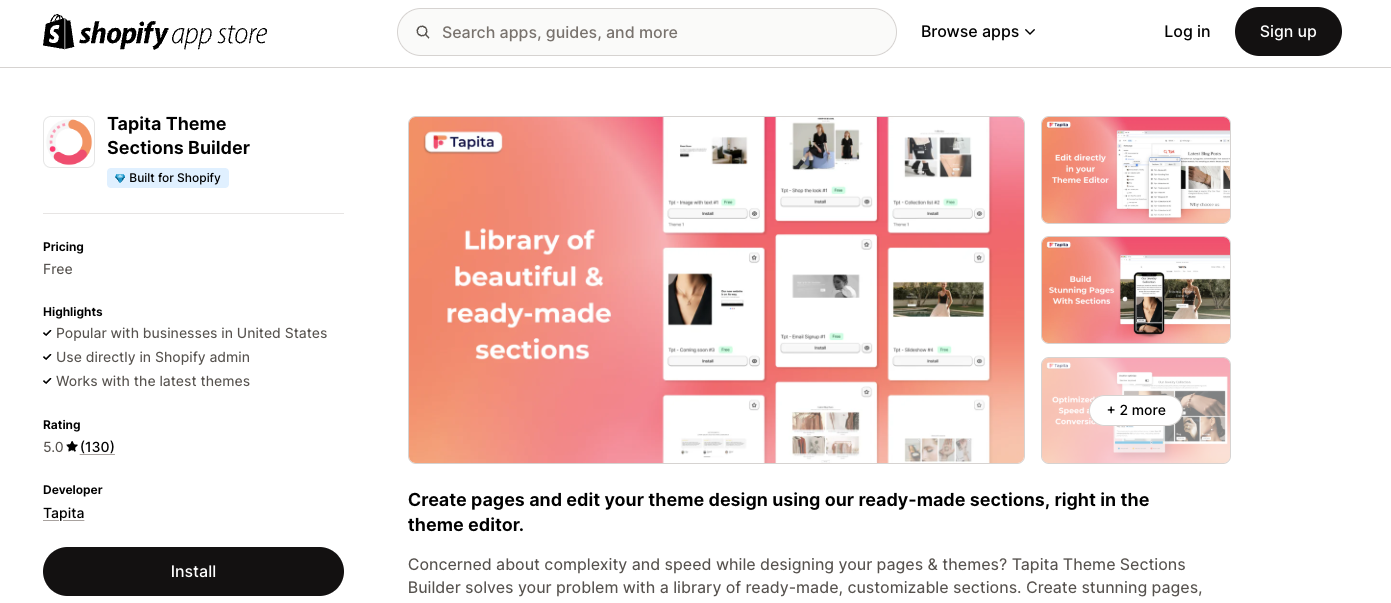 Tapita app page on Shopify