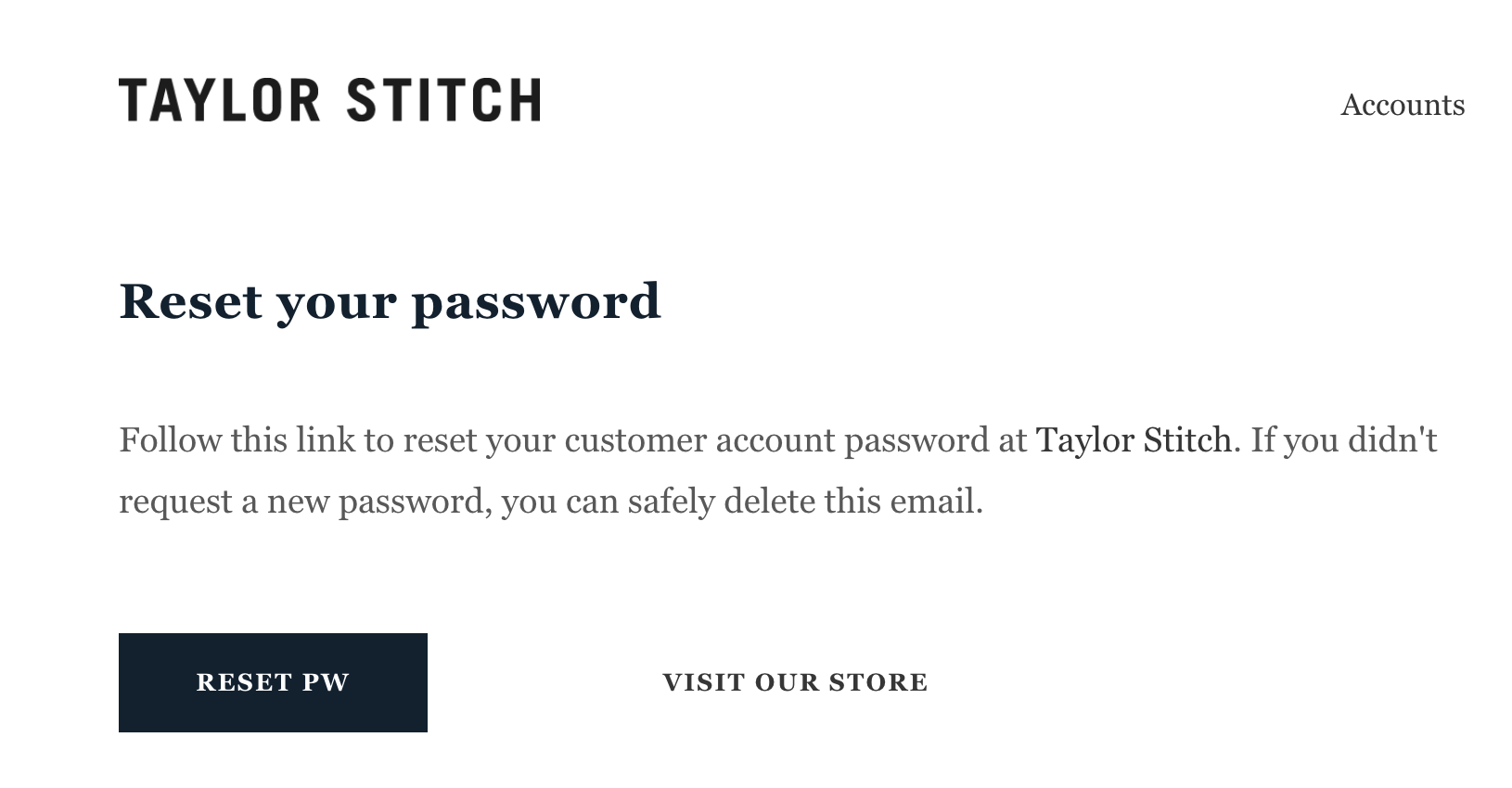 Password reset email example from Taylor Stitch