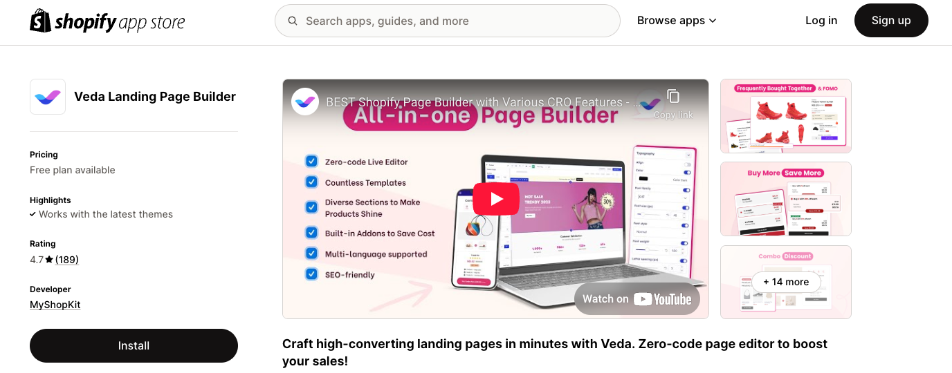 Veda app page on Shopify