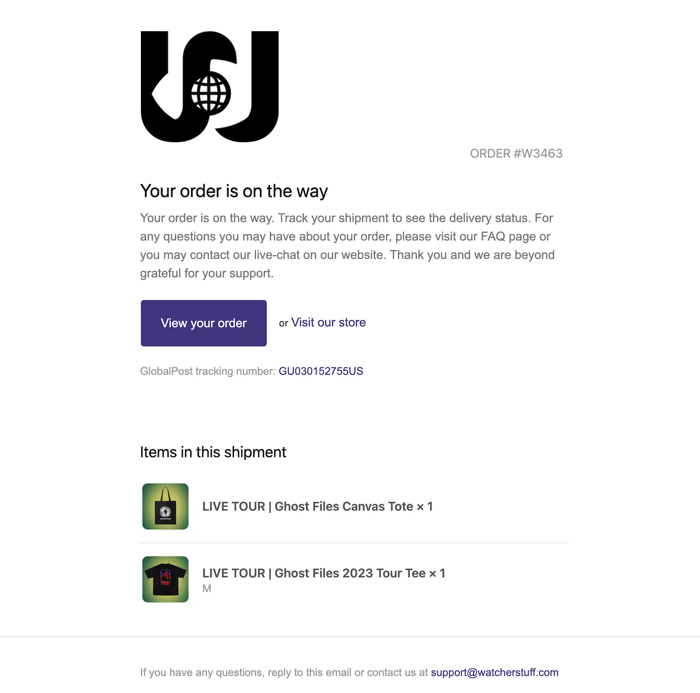 Shipping confirmation email example from Watcher Stuff