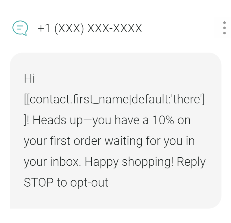 Personalized welcome SMS example