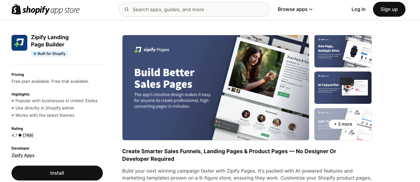 Zipify app page on Shopify