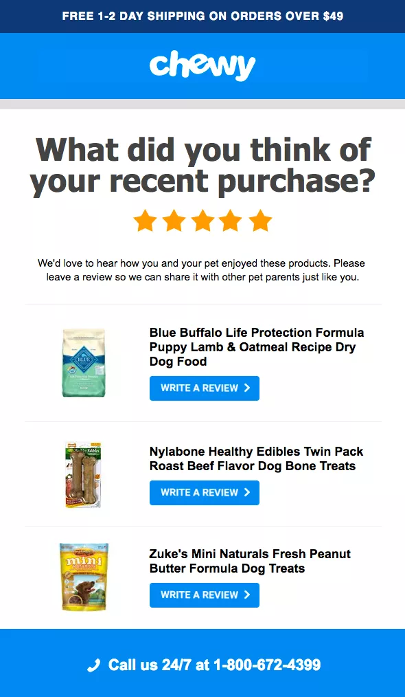 Review request email example from Chewy