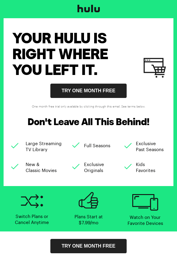 Woocommerce automated emails: Hulu abandoned cart email example