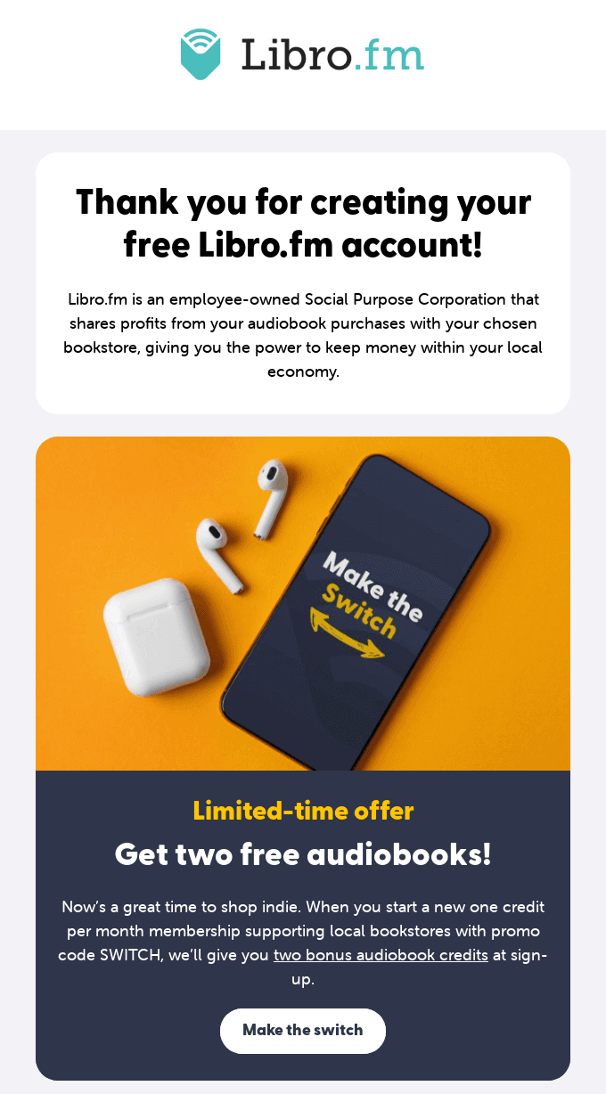 Woocommerce automated emails: Libfro.fm welcome email example