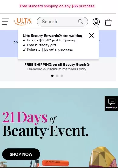 Ulta Beauty mobile popup