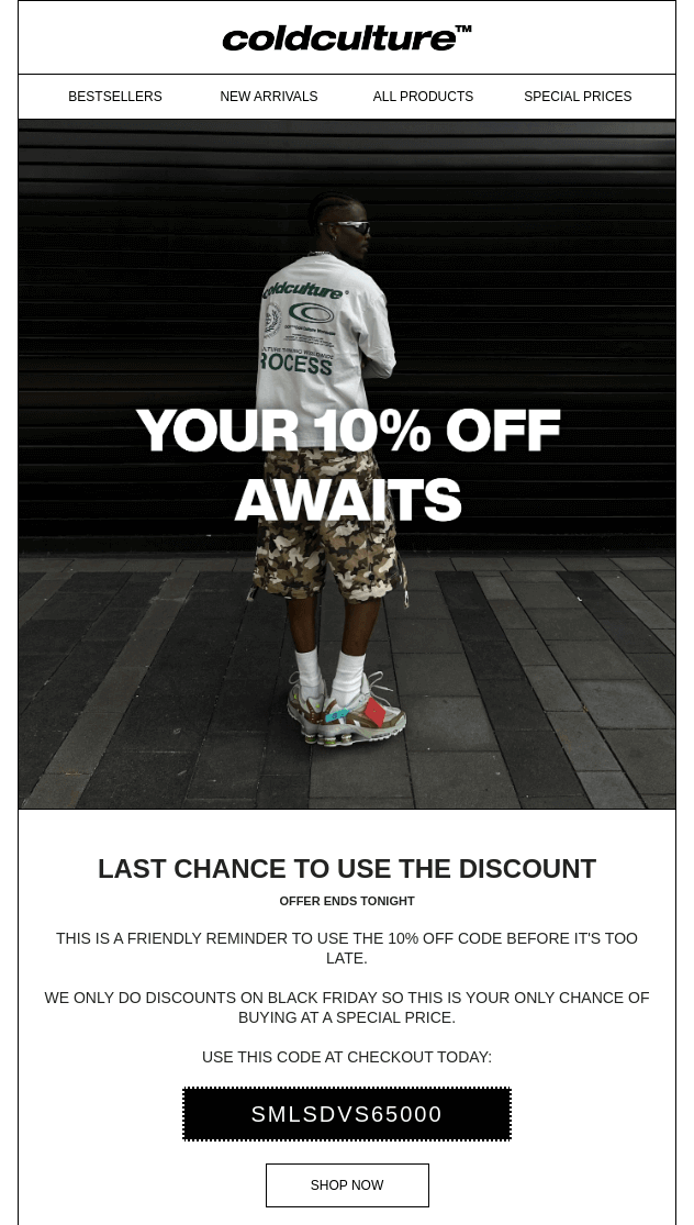 WooCommerce cart abandonment recovery example: Cold Culture email