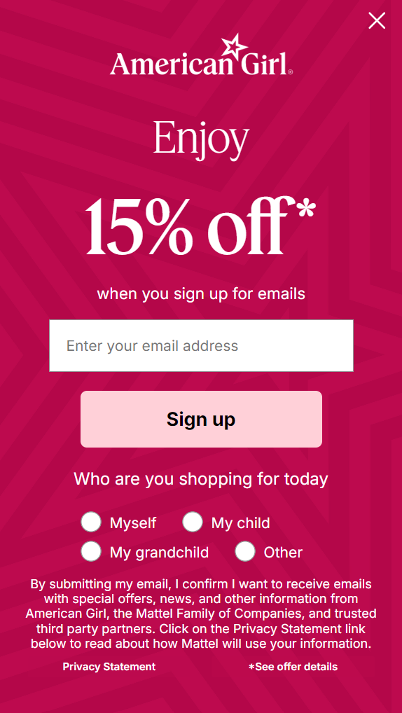 American Girl floating icon popup form