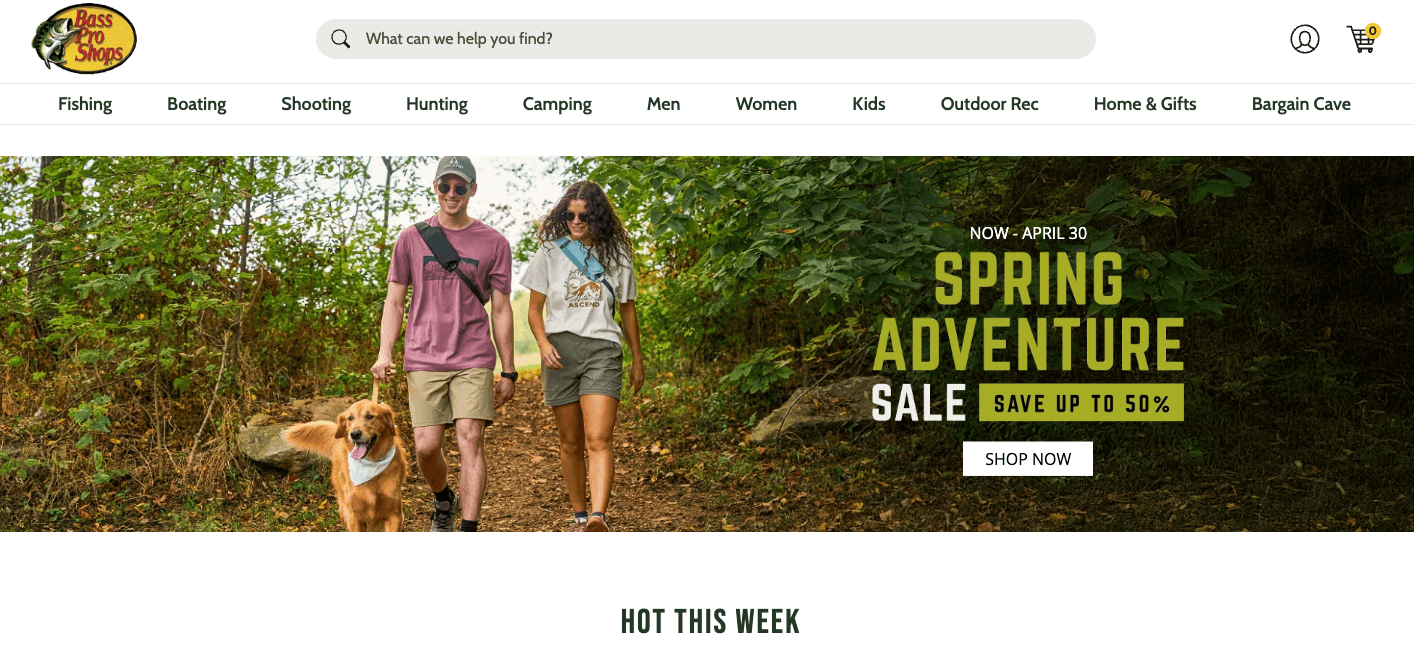 Sports ecommerce: Bass Pro Shops homepage