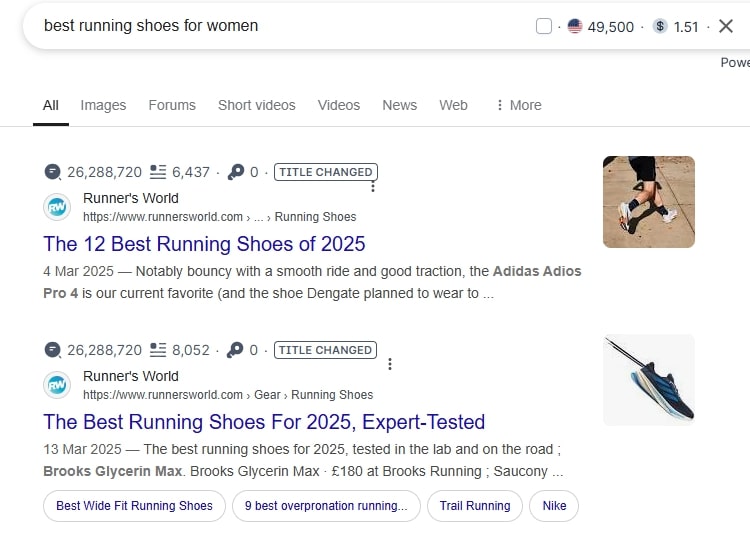 "Best running shoes for women" search on Google