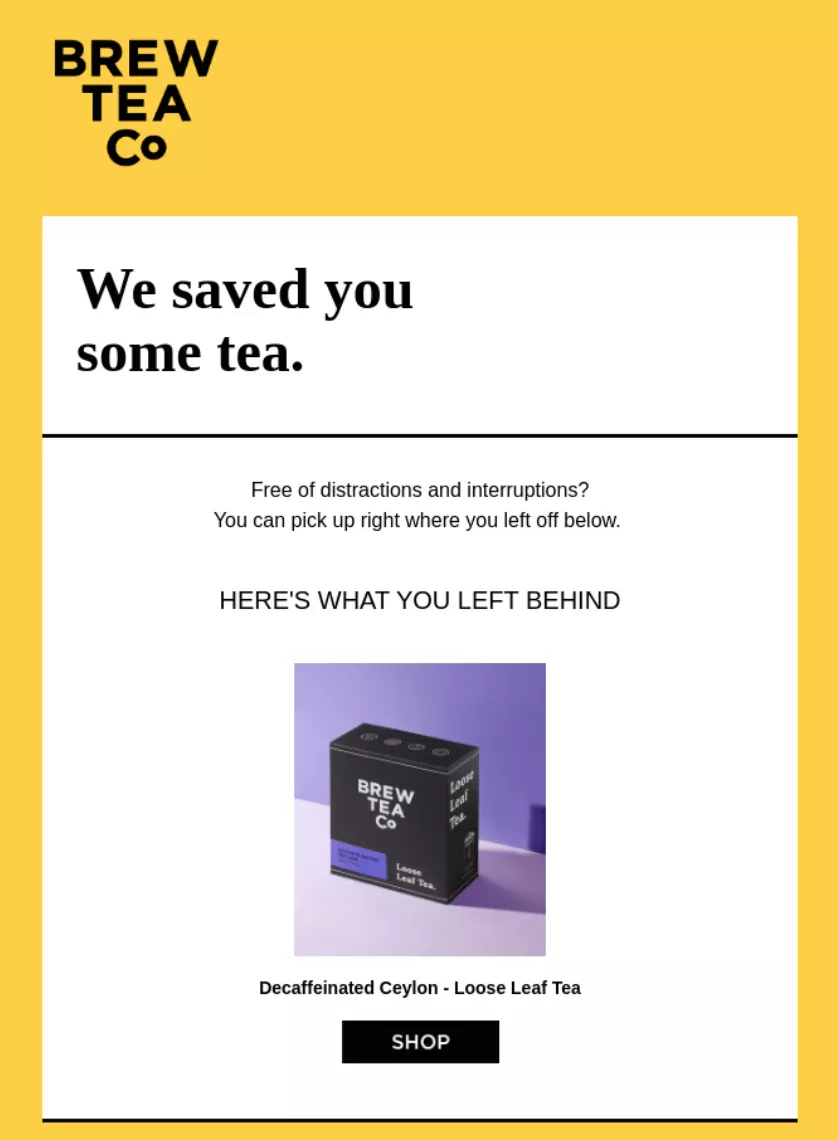 Brew Tea Co automated abandoned cart email example