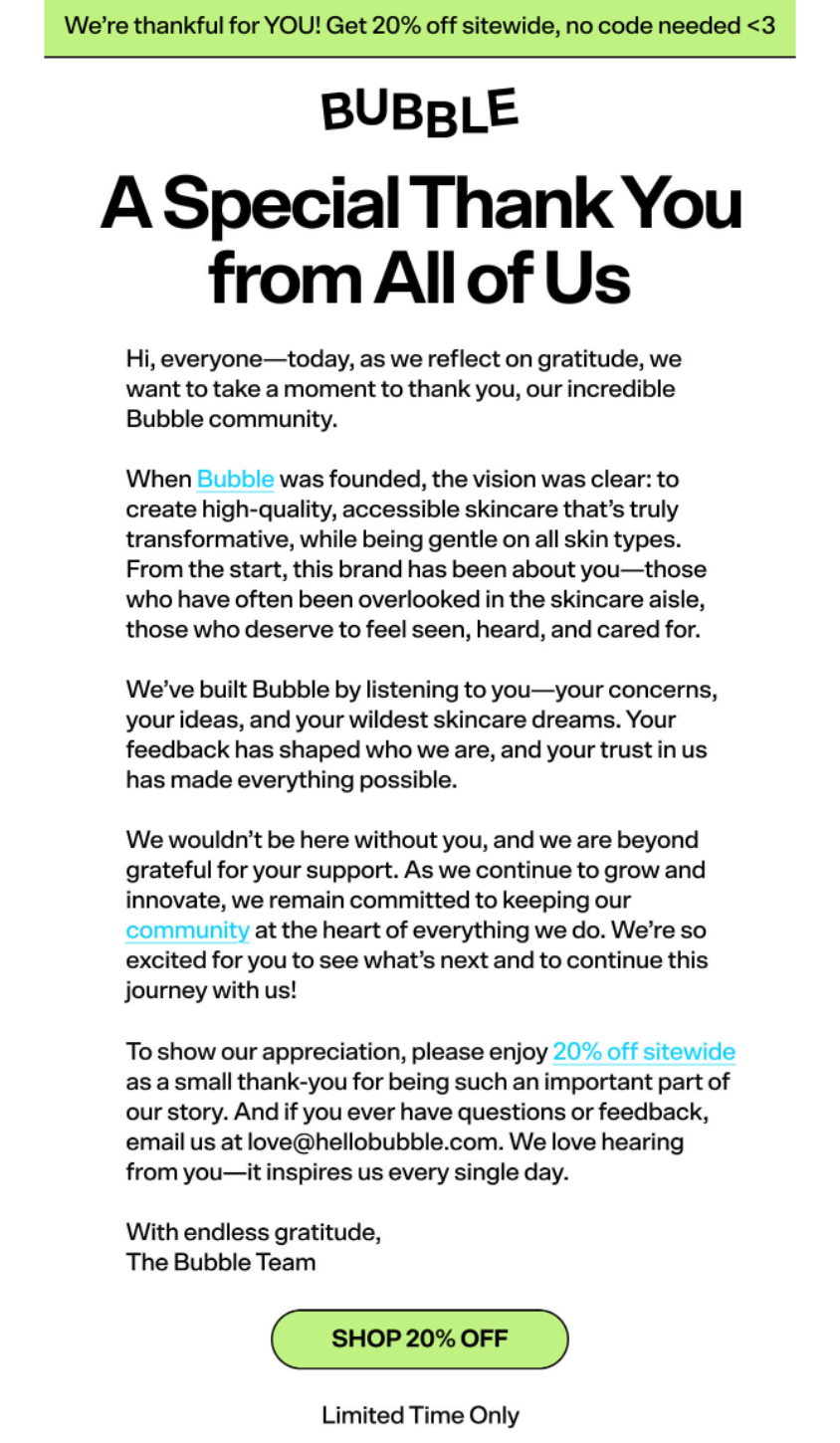 Bubble Skincare post-purchase thank you email with content