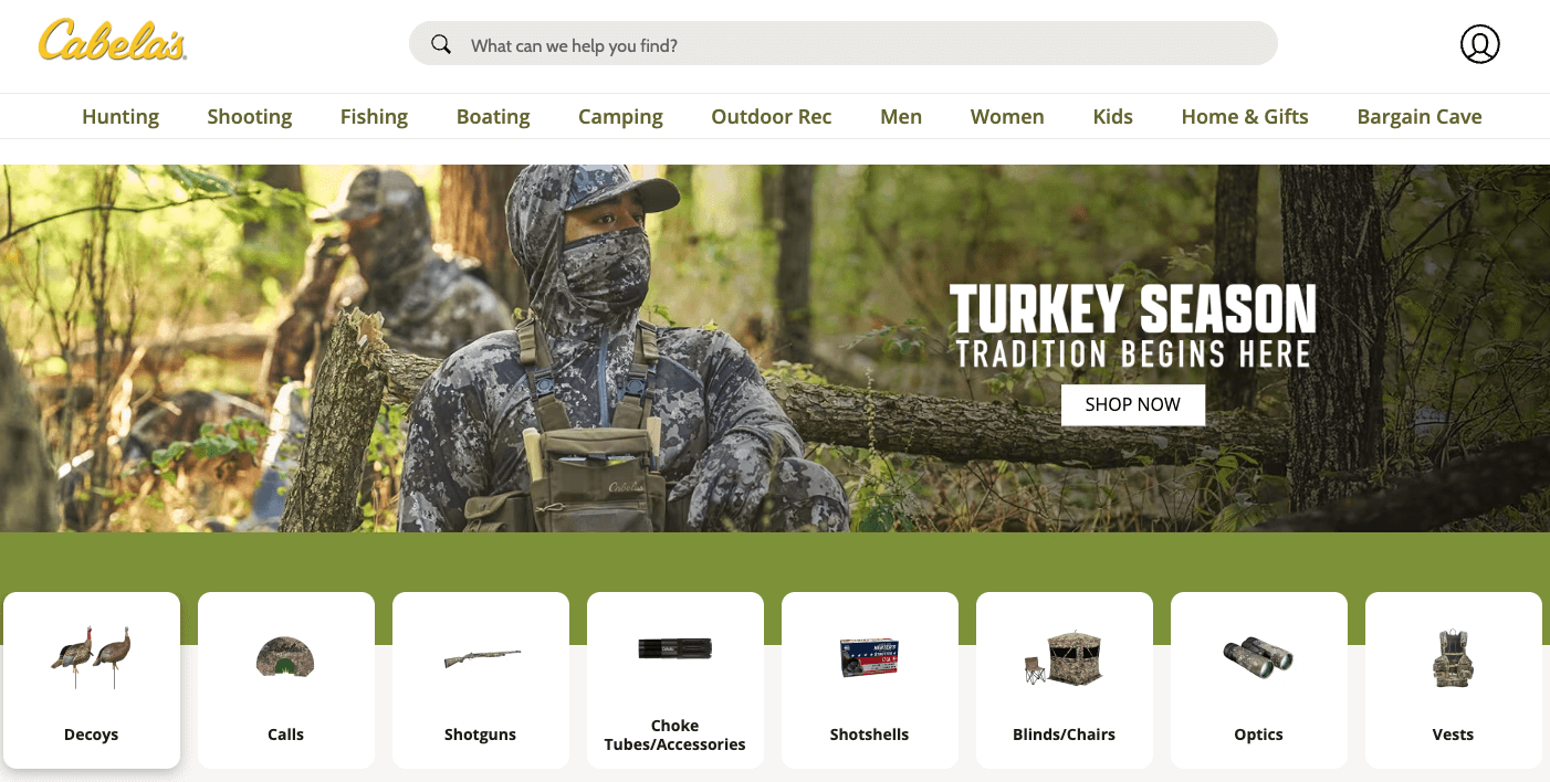 Sports ecommerce: Cabela's homepage