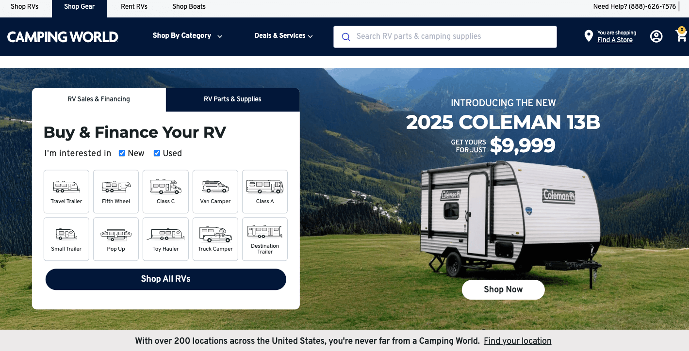 Sports ecommerce: Camping World homepage