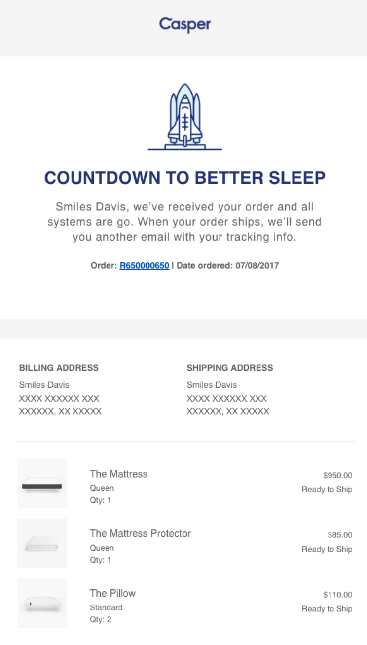Casper's thank you for your order email example