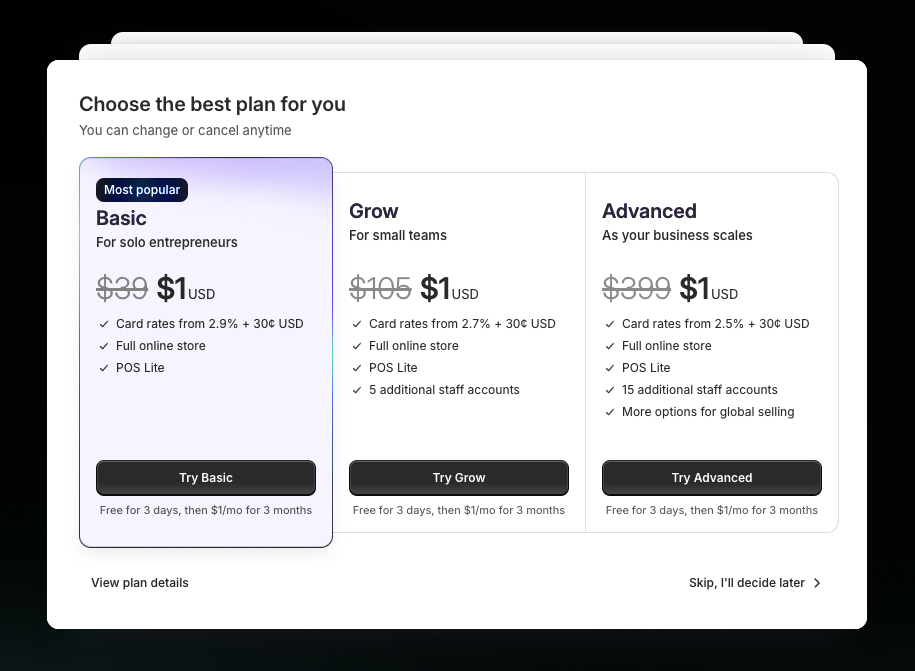 Choosing a plan for Shopify store