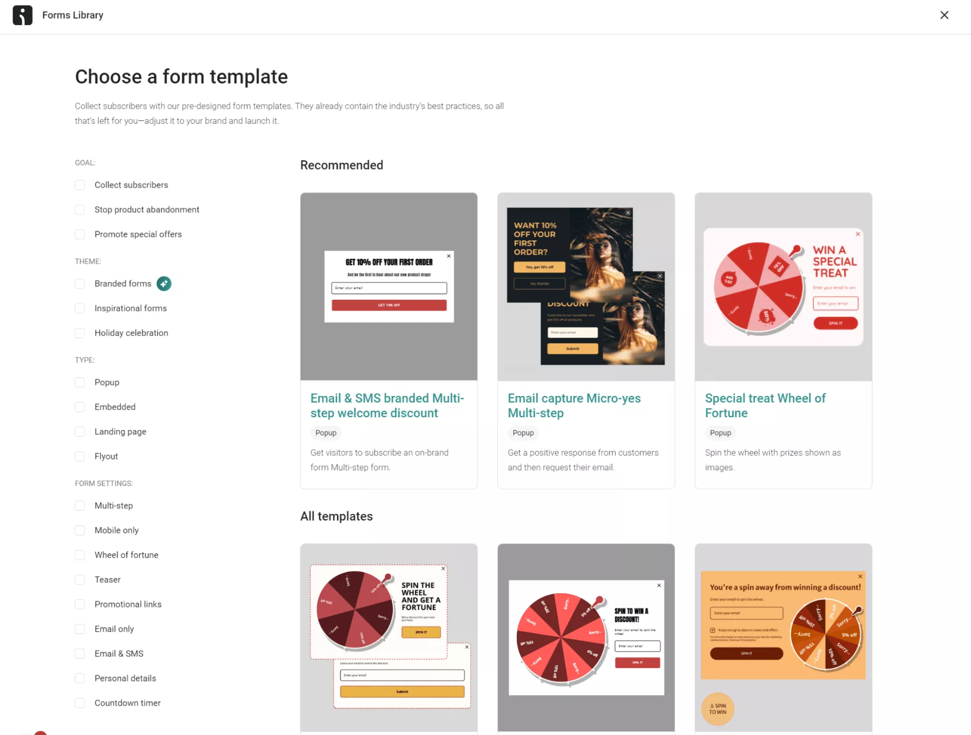 Choosing a form template on Omnisend