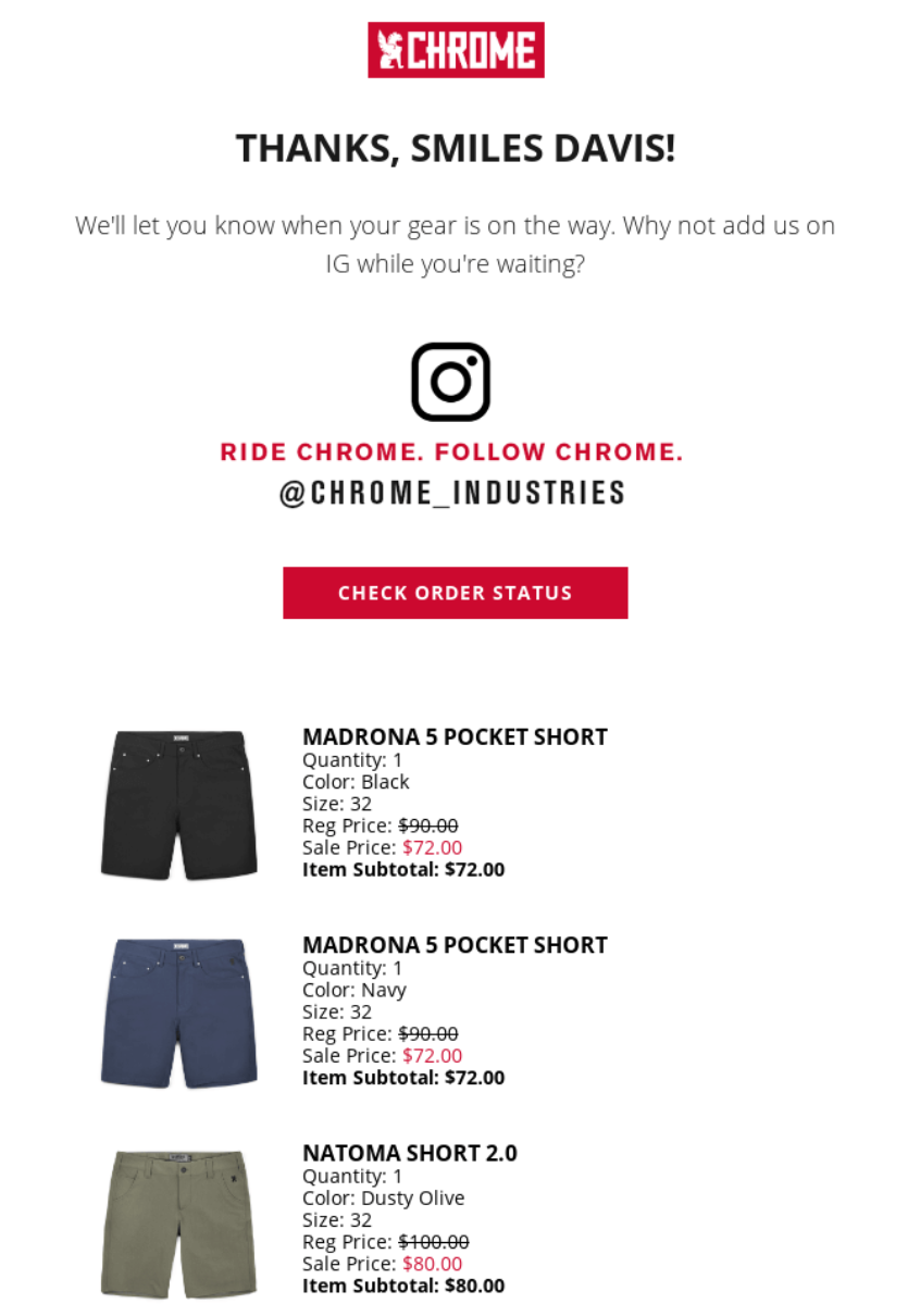 Chrome Industries' thank you email with a social media CTA