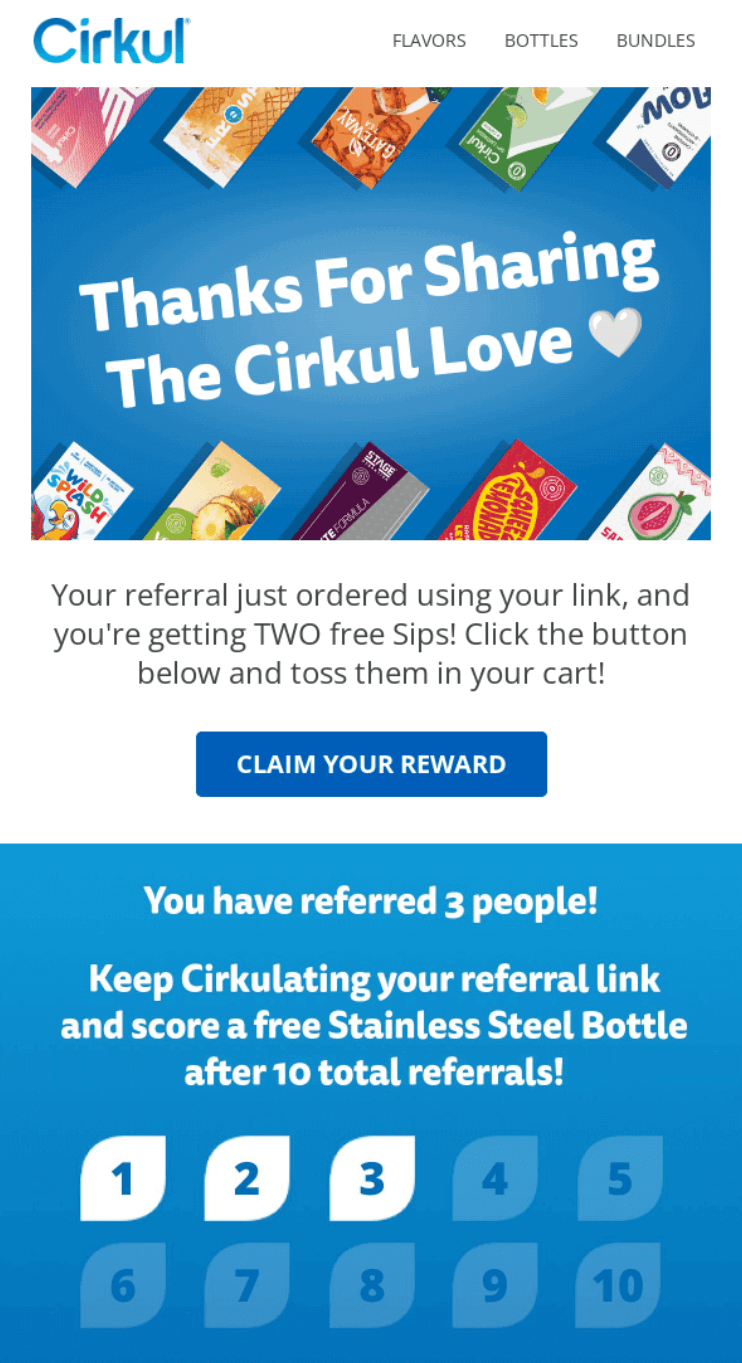 Cirkul's thank you for your referral email example