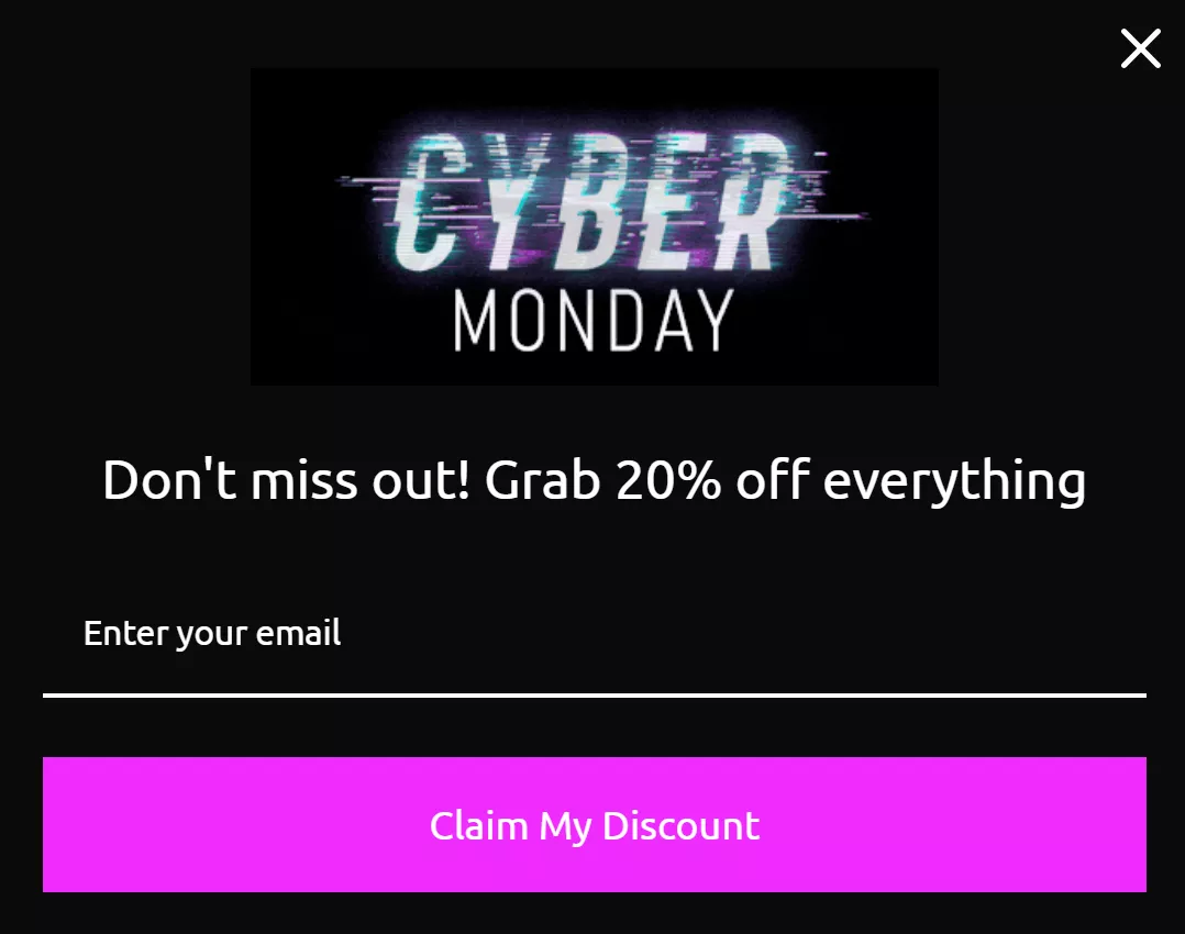 Cyber Monday popup template on Omnisend
