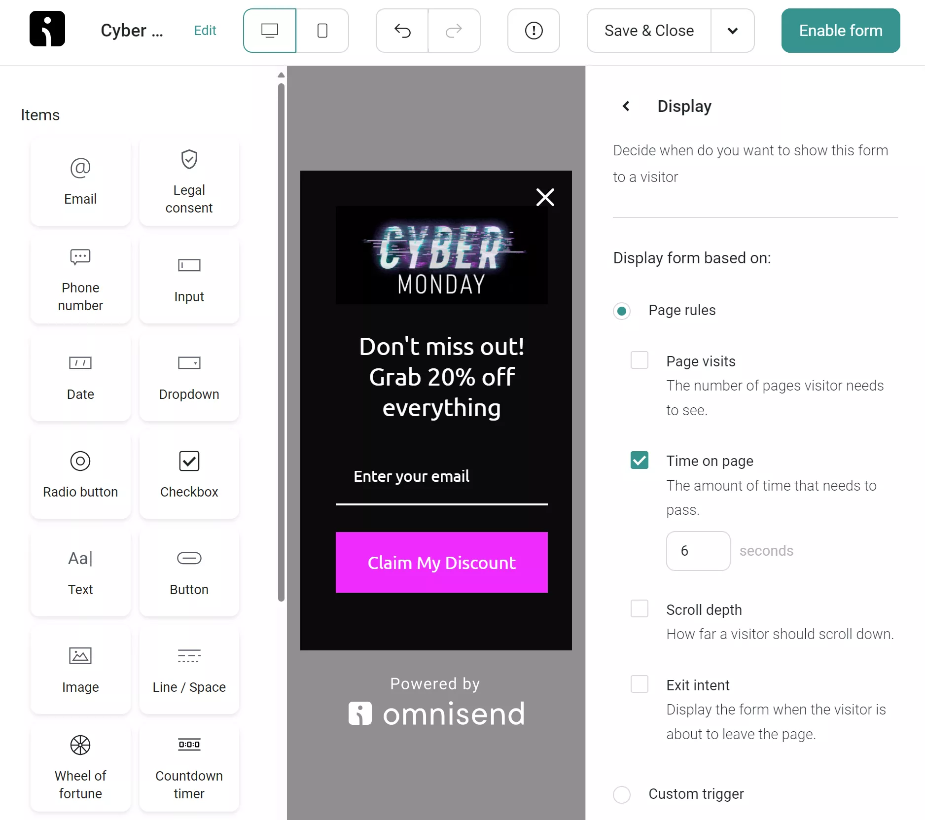 Display settings on Omnisend