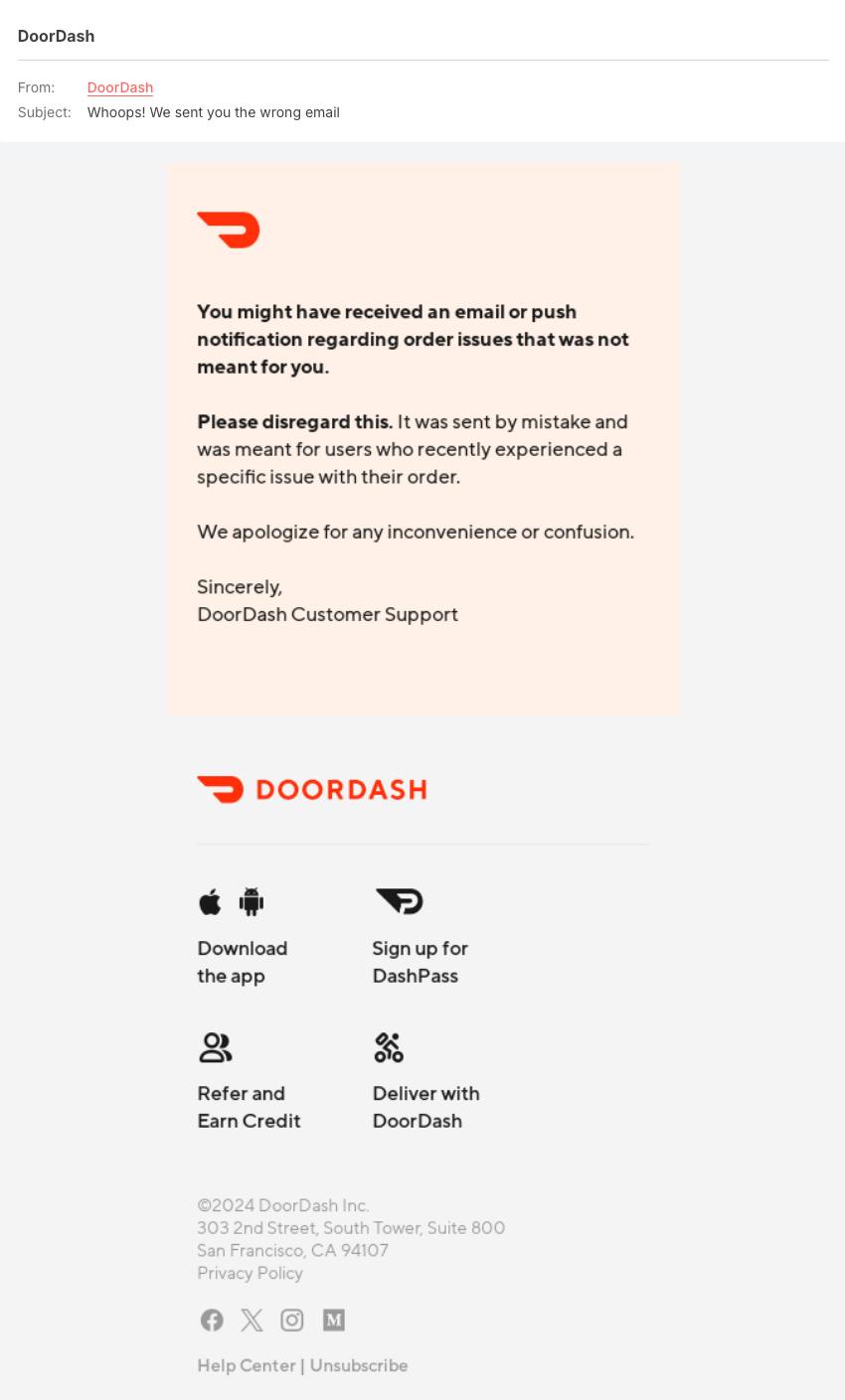 DoorDash wrong email sent example