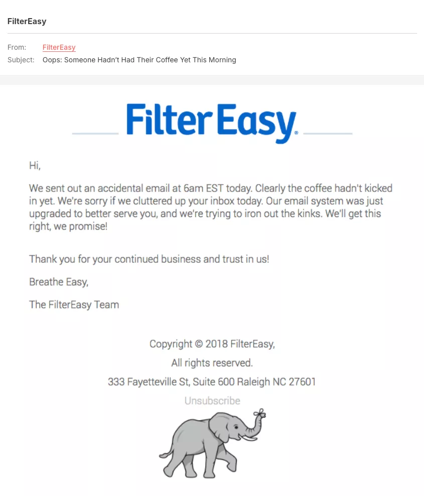 FilterEasy apology email subject line example