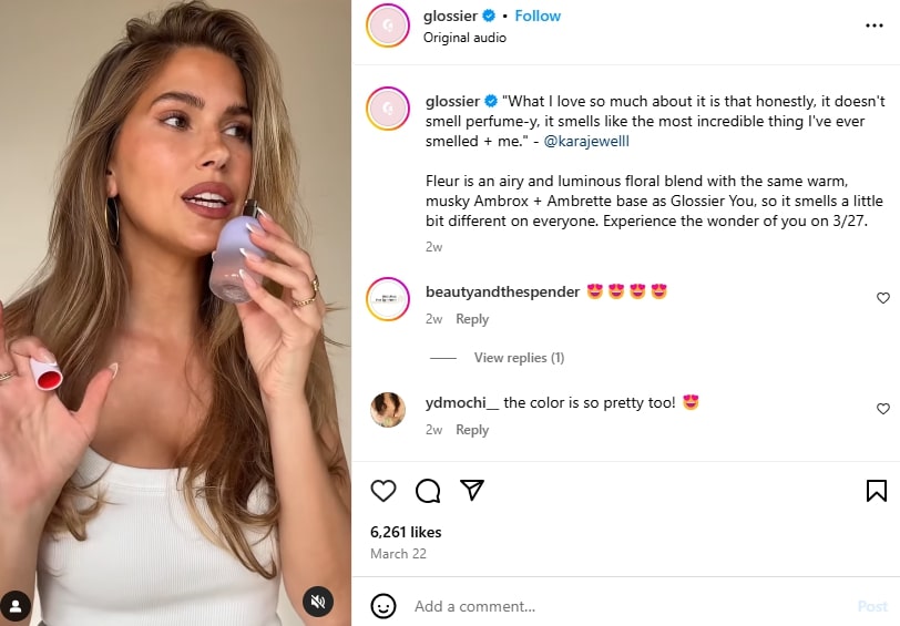 Glossier video testimonial on Instagram
