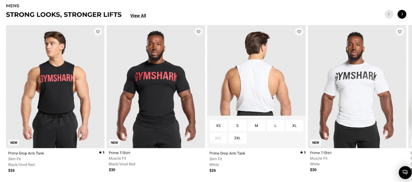 Including size selectors in categories example in Gymshark