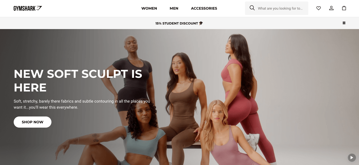 Sports ecommerce: Gymshark homepage
