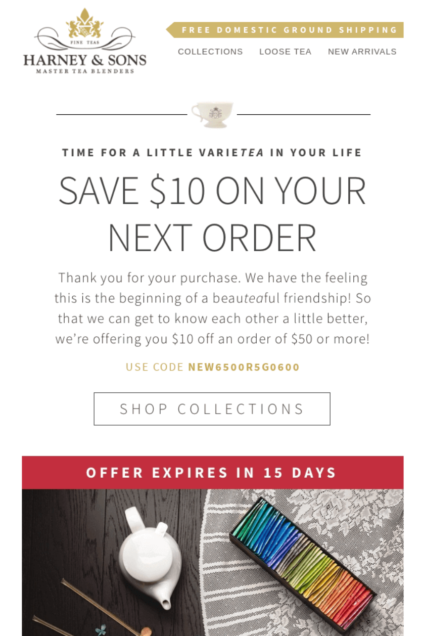 Harney & Sons' thank you for your purchase email with a discount
