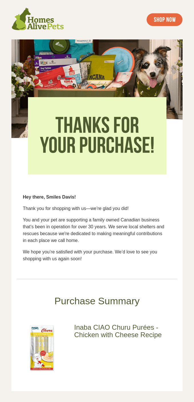 Homes Alive Pets' thank you email with a brand story