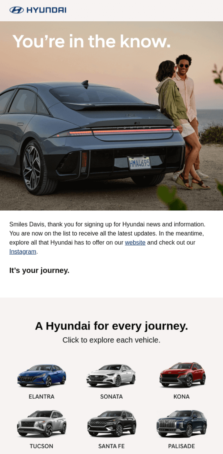 Hyundai's thank you email with product recommendations