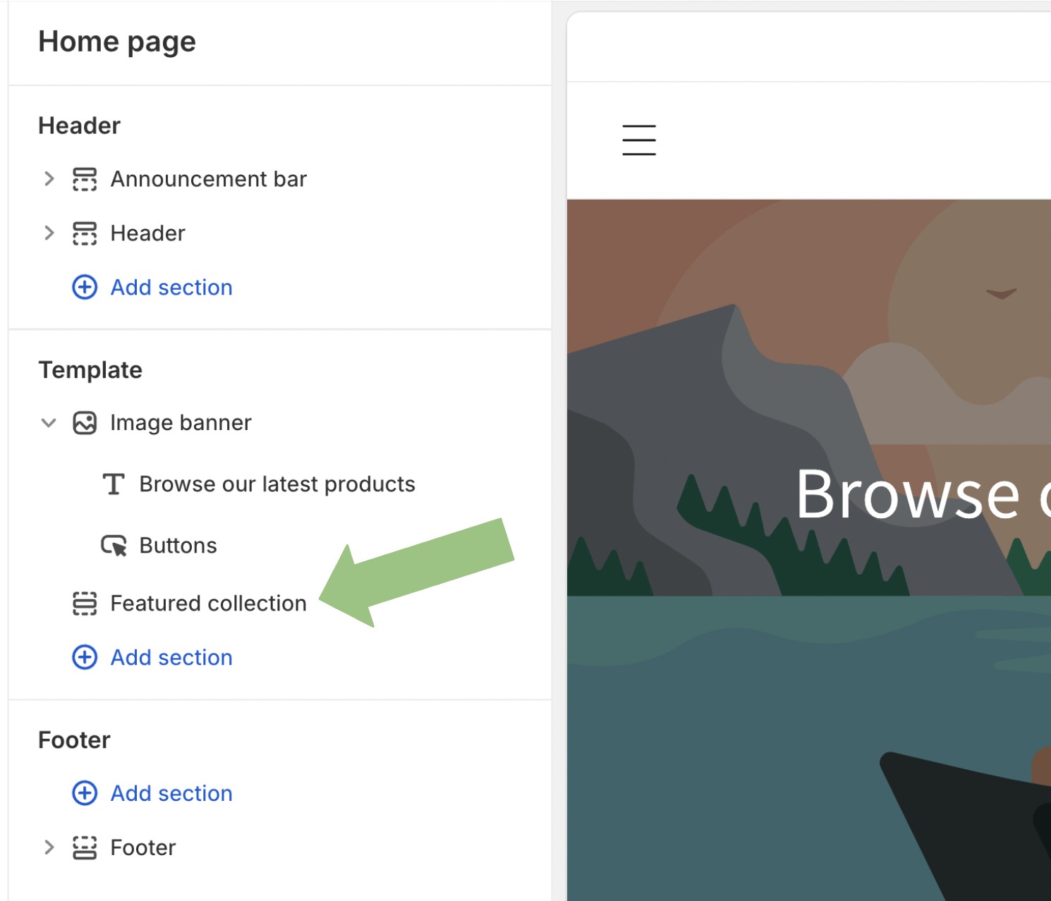 Locating featured collection section in Shopify