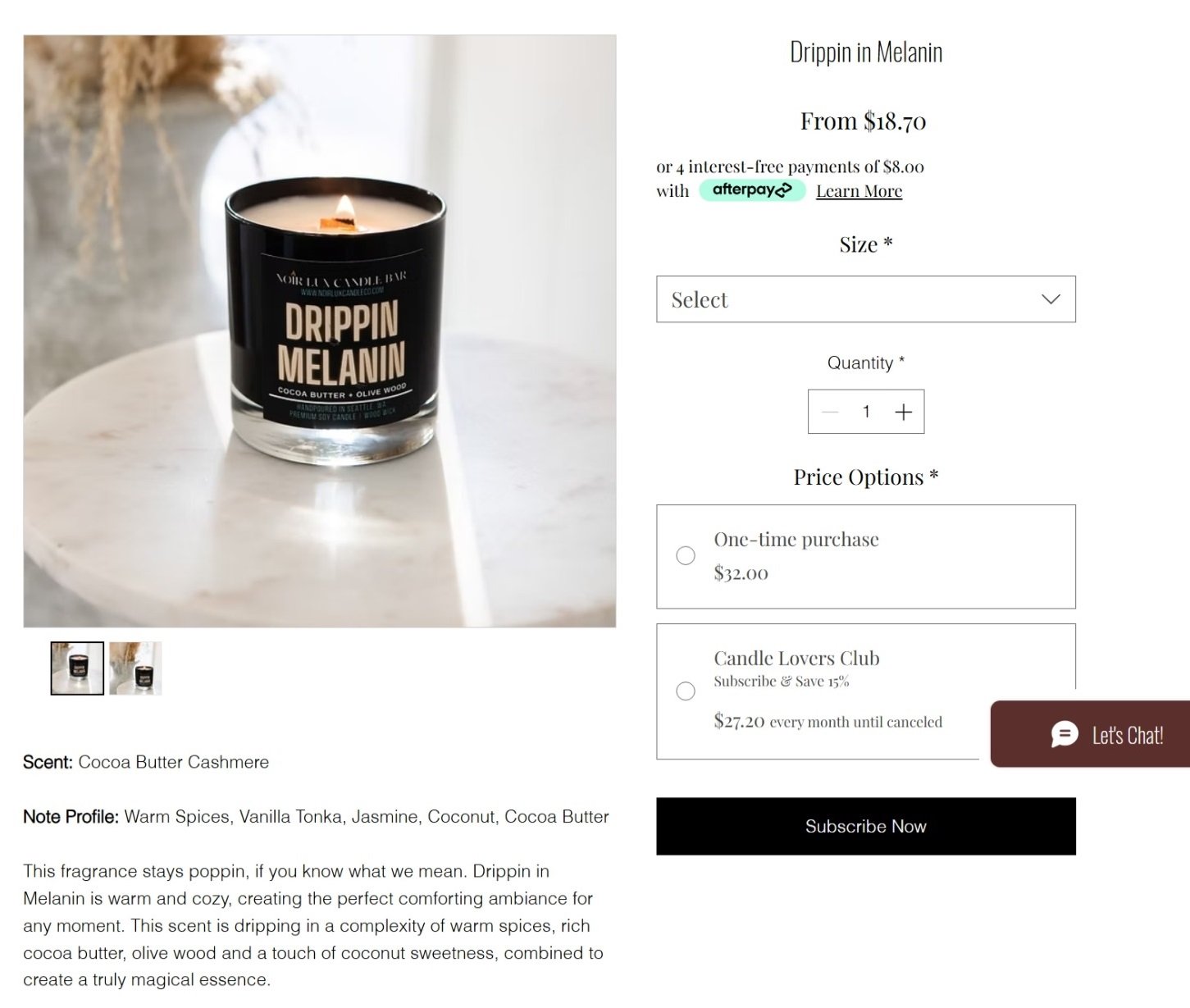 Noir Lux Candle Co. product page