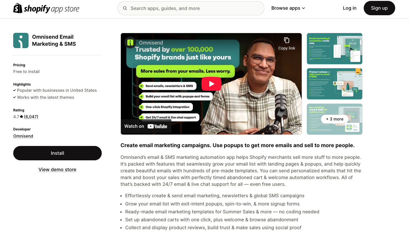 Omnisend app on Shopify App Store