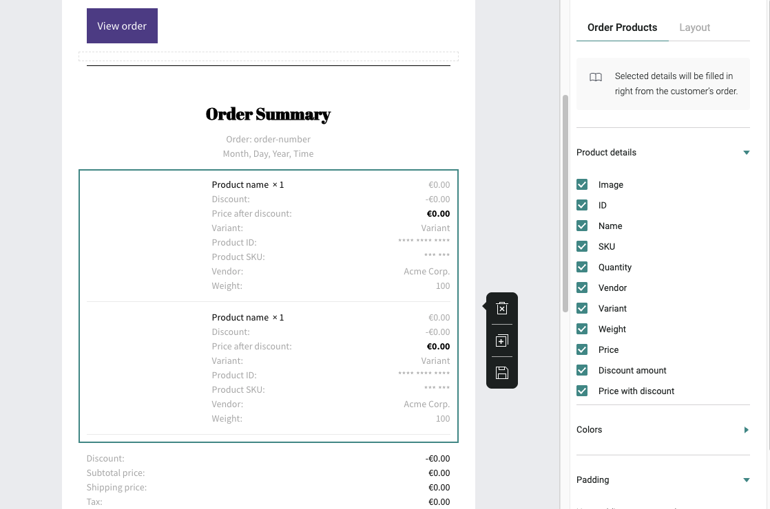 Customizing order confirmation email template 