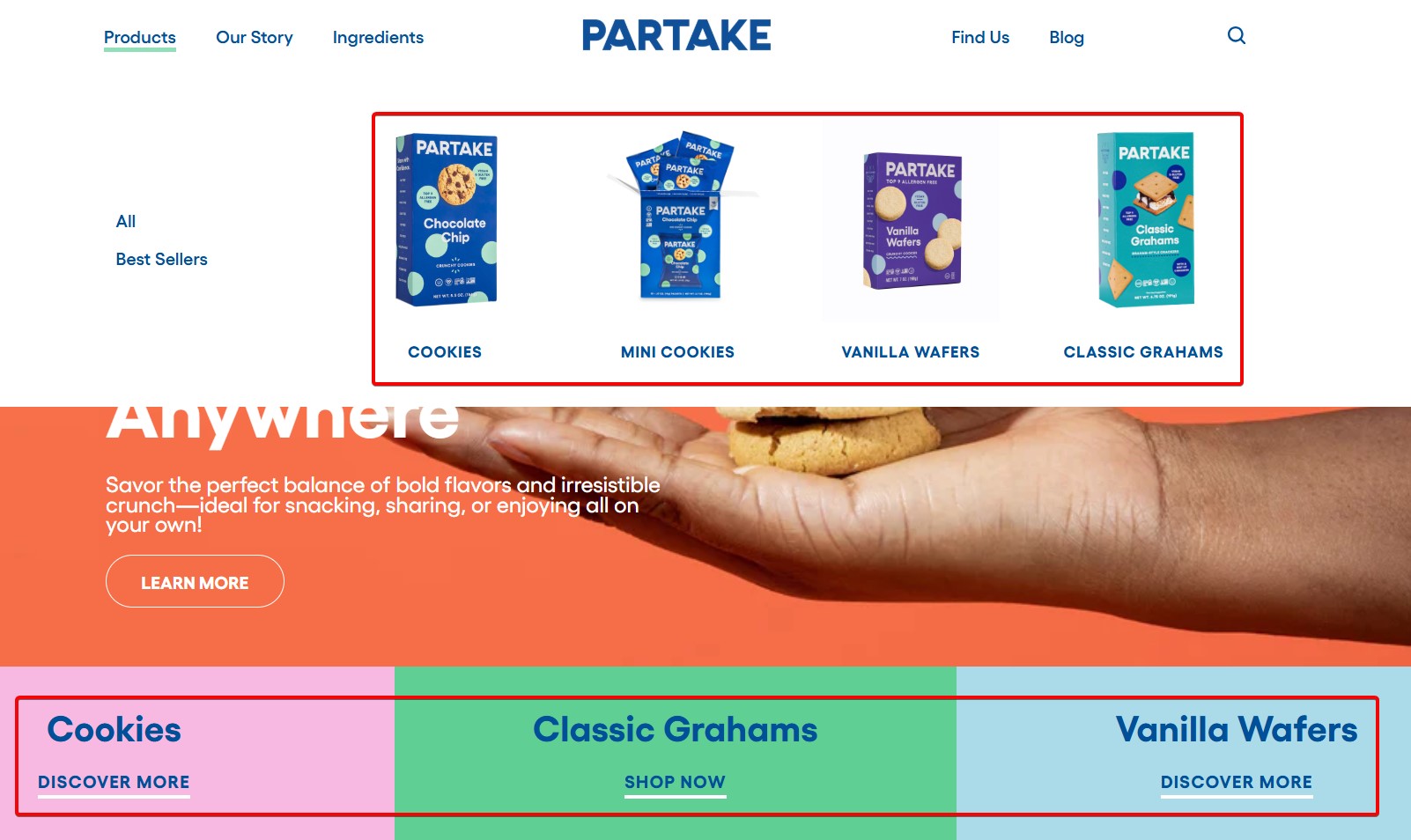 Partake Foods navigation and menus
