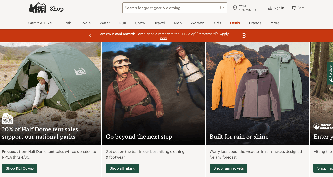 Sports ecommerce: REI homepage