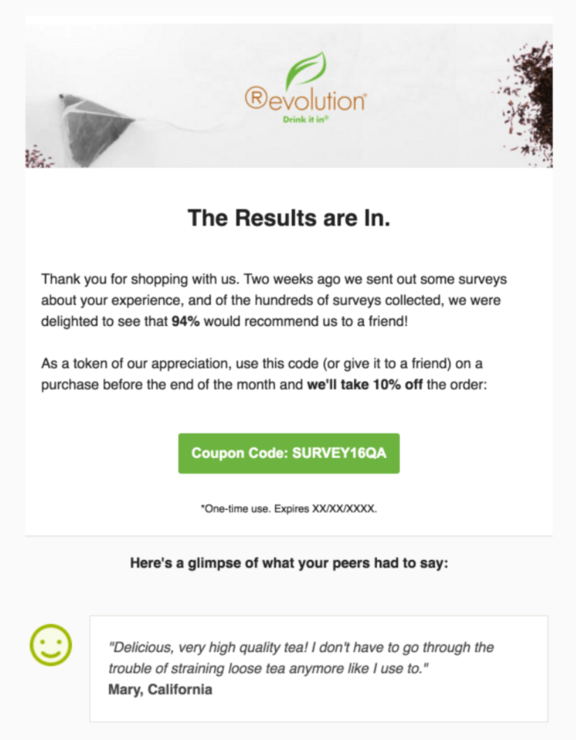 Revolution Tea's thank you for your feedback email example