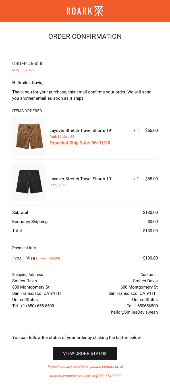 Basic order confirmation email from Roark