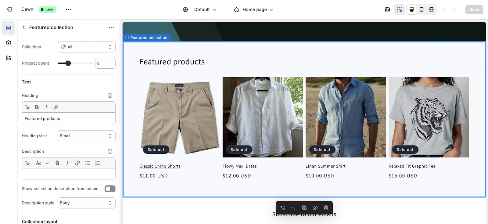 Selecting collection to feature in Shopify