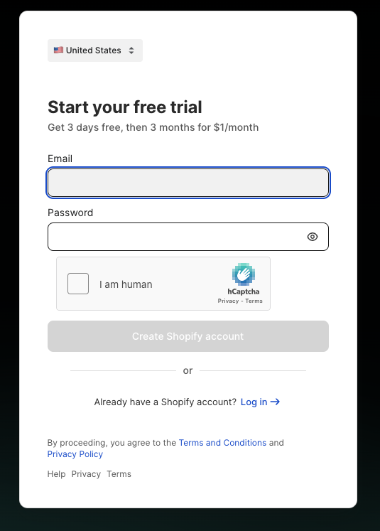 Signing up for 3-month trial on Shopify